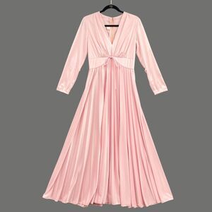 VTG 70s Maxi Dress Womens S Pink Pleated Long Sleeve Deep V-Neck Prairie Cottage